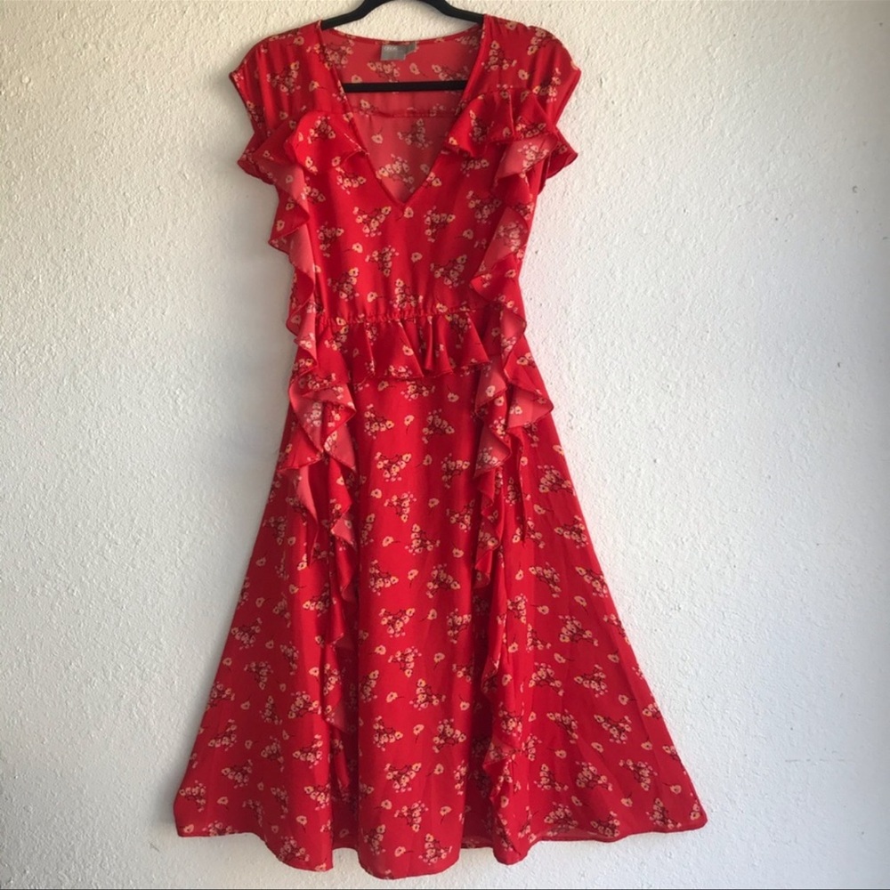 ASOS Red Ruffles Flowy Foral Print Midi Dress